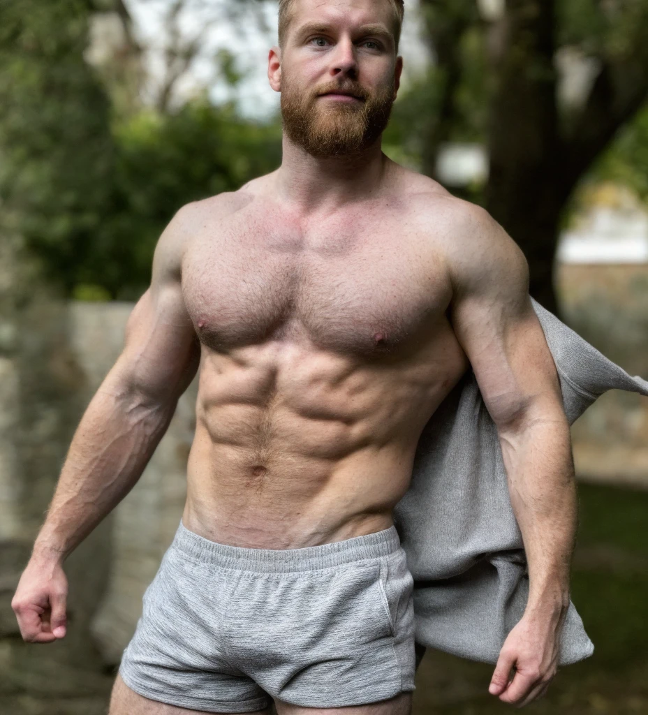 (masterpiece, best quality, high resolution:1.4), 1man, skin pores texture, Hair blonde, HD, Photography, Realistic, (8k, RAW photo, best quality, masterpiece:1.2), (photo-realistic:1.33), best quality, detailed eyes silver, cute, natural lighting, depth of field, film grain, sharp, detailed, (freckles:0.5) , outside, soft natural lighting, dramatic lighting, photo realism, ultra-detailed, -------- 35yo man, pale skin, muscular defined, big pectorals, big chest, cut abs, rupped muscles happy trail of body hair, hairy body, dark messy hair, scruffy beard, wearing mesh shorts
