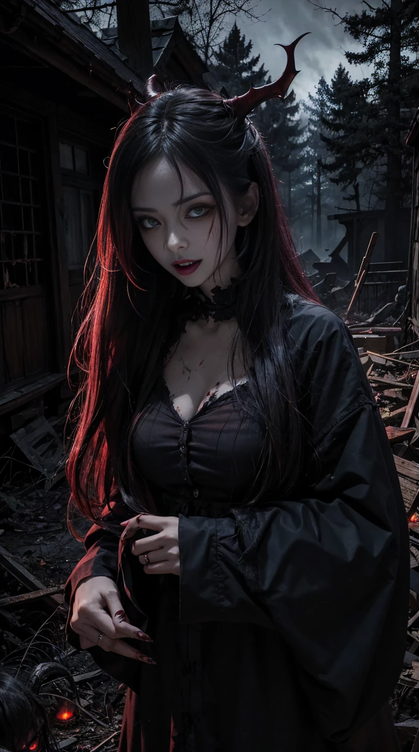 Generate a frightening image of a demon woman, A devilish woman with a frightening expression, Sharp Fangs, long, Wild Hair. She must be wearing ragged clothes., Blood stains and a sinister atmosphere. The setting is dark, Spooky forest and abandoned house, With an atmosphere of fear and danger.
