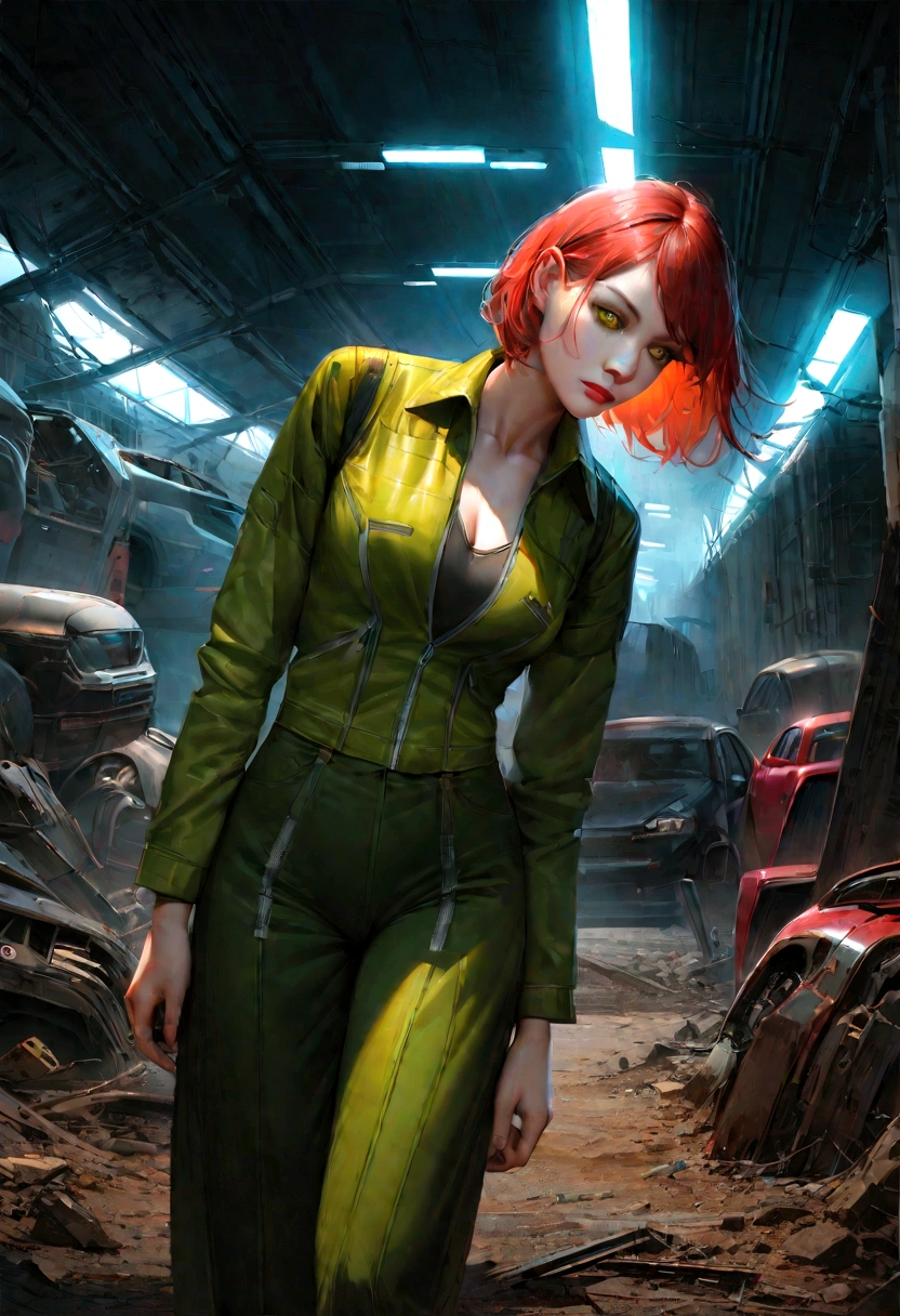Animatrix style, ultrarealistic, cyberpunk, sci-fi, character, female, ultra textured, perfect face. A beautiful red-haired mechanic has mutant powers, she is powerful and walks empowered in the middle of a large car graveyard. Her wardrobe has dark red, dark green and dark yellow colors.