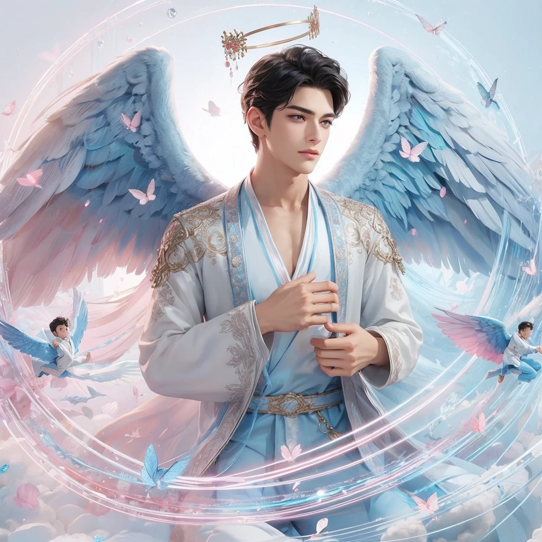 Handsome boy, black hair, brown eyes, blue and pink wings