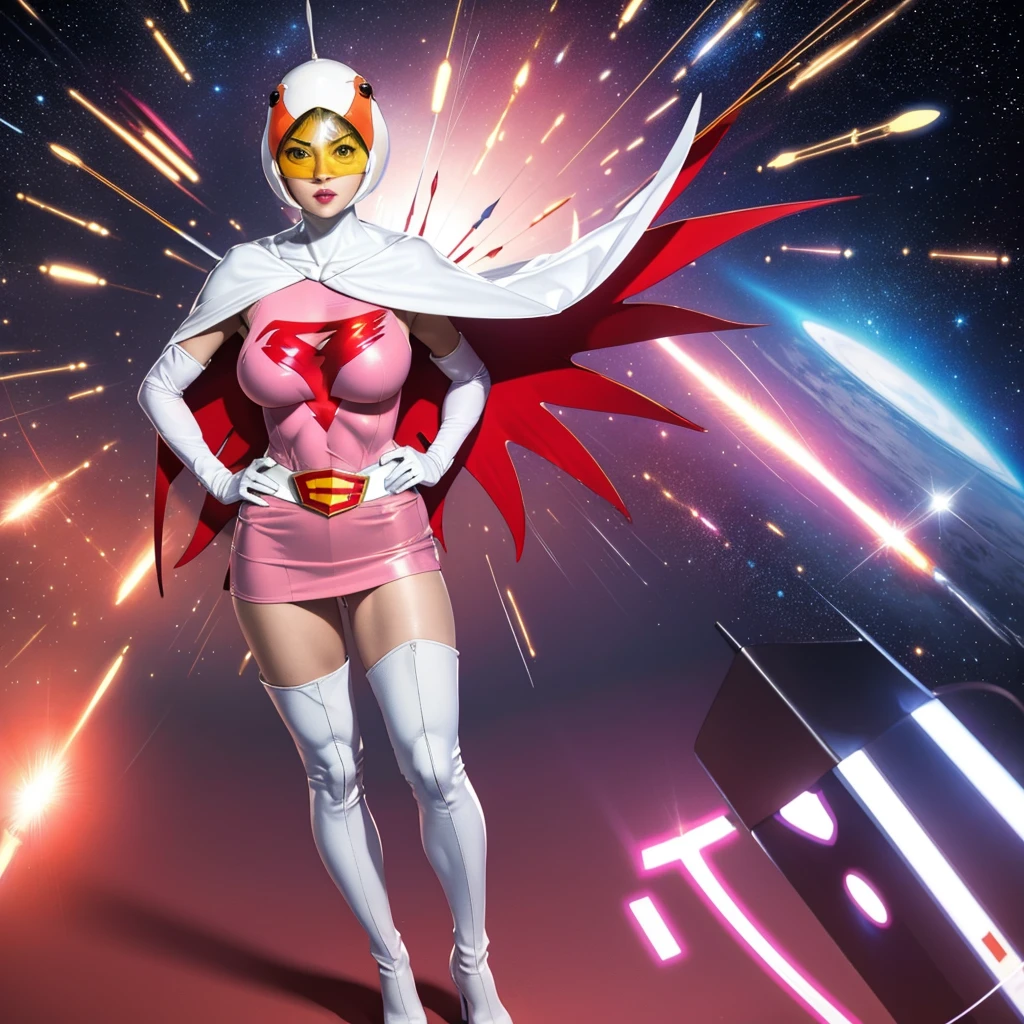 ANI_CLASSIC_jun_gatchaman_ownwaifu,1girl, ,good anatomy, masterpiece, best quality,realistic, hyper realistic, 16k hdr, long hair,breas,large breasts,lipakeup,gloves,cape,helmet,belt,elbow gloves,white gloves,mask,ultra miniskirt,leotard,spacesuit,white tight overknee highheels boots,pink dress,superhero,bodysuit,cleavage,erected nstand posds on hiead legs:1.1),cameltoe