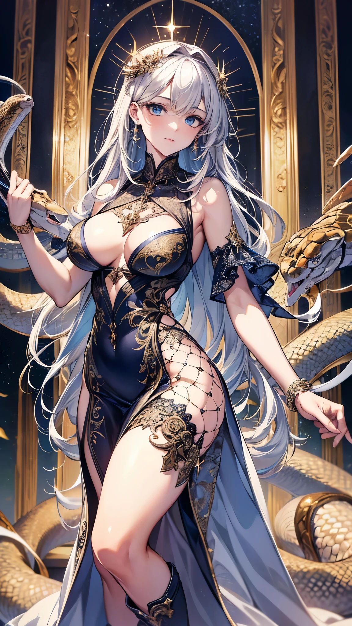 ((Highest quality)),(Ultra-high resolution),(Ultra-detailed new),(Detailed Description),((The best CG)),(masterpiece),Highly detailed art,A wonderful new art form,(Art with precise details:1.5), (One woman:1.4),(Beautiful and well-proportioned face:1.3),snake,sword:1.5,Dynamic Pose:1.4,(Gorgeous sparkling dress:1.6),(Boots with intricately detailed relief:1.3)