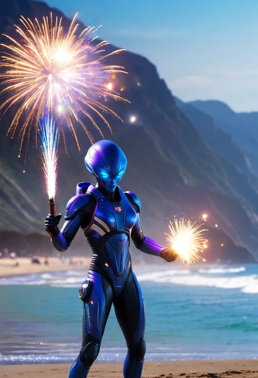 a blue Alien wearing space suit shooting off fireworks on the beach, HDR, vibrant contrast, 32k resolution, luminism lighting techniques, ultra-realistic digital render, bokeh, mass effect, close up black, beauty, pure perfection, divine presence, unforgettable, impressive, breathtaking beauty, Volumetric light, auras, rays, 8k uhd, dslr, soft lighting, high quality, natural textures 8k masterpiece canon eos r4s 50