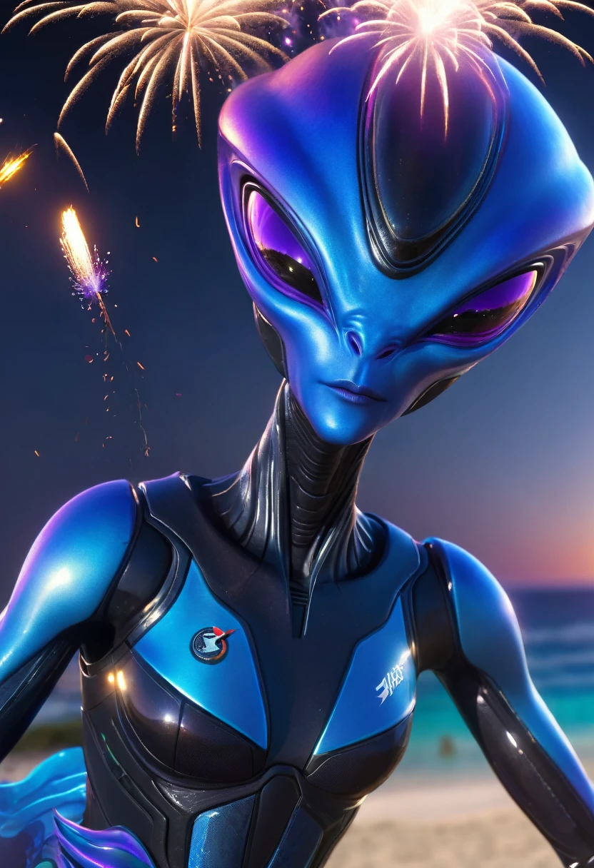 a blue Alien wearing space suit shooting off fireworks on the beach, HDR, vibrant contrast, 32k resolution, luminism lighting techniques, ultra-realistic digital render, bokeh, mass effect, close up black, beauty, pure perfection, divine presence, unforgettable, impressive, breathtaking beauty, Volumetric light, auras, rays, 8k uhd, dslr, soft lighting, high quality, natural textures 8k masterpiece canon eos r4s 50