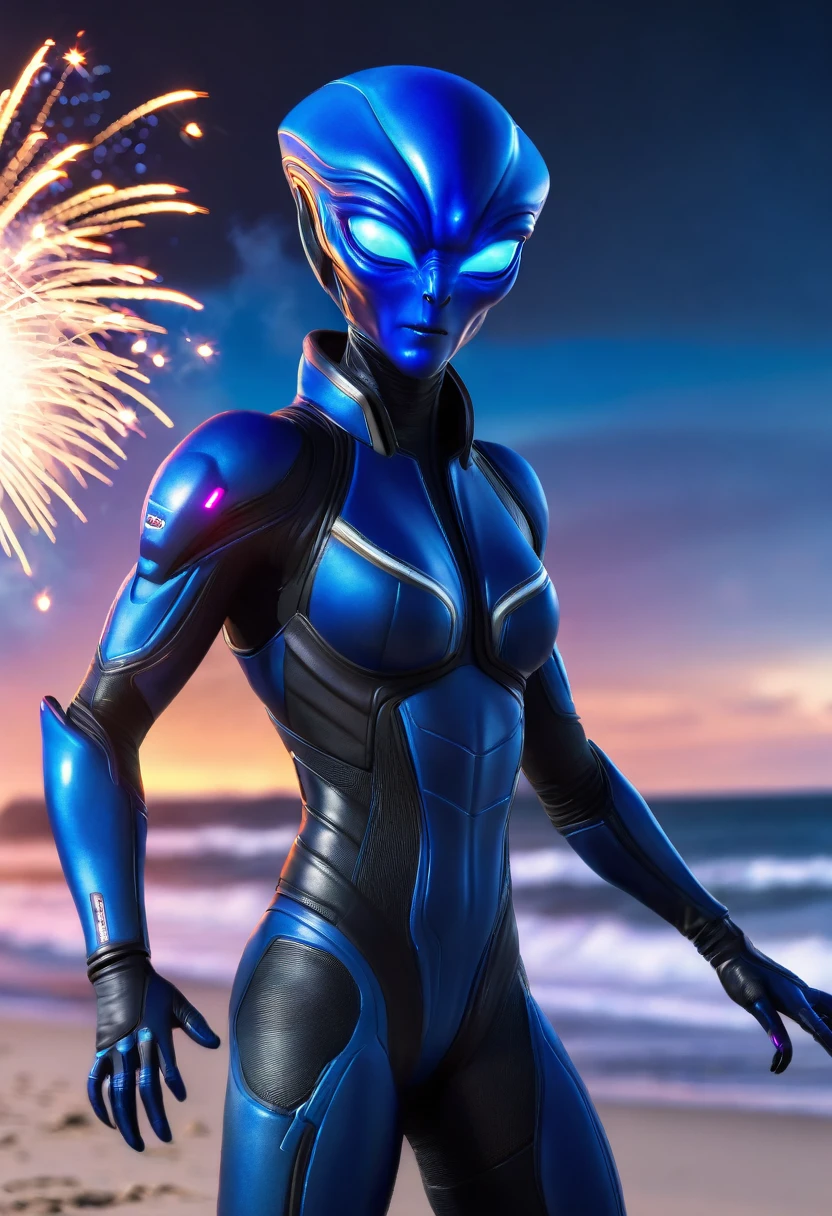 a blue Alien wearing space suit shooting off fireworks on the beach, HDR, vibrant contrast, 32k resolution, luminism lighting techniques, ultra-realistic digital render, bokeh, mass effect, close up black, beauty, pure perfection, divine presence, unforgettable, impressive, breathtaking beauty, Volumetric light, auras, rays, 8k uhd, dslr, soft lighting, high quality, natural textures 8k masterpiece canon eos r4s 50