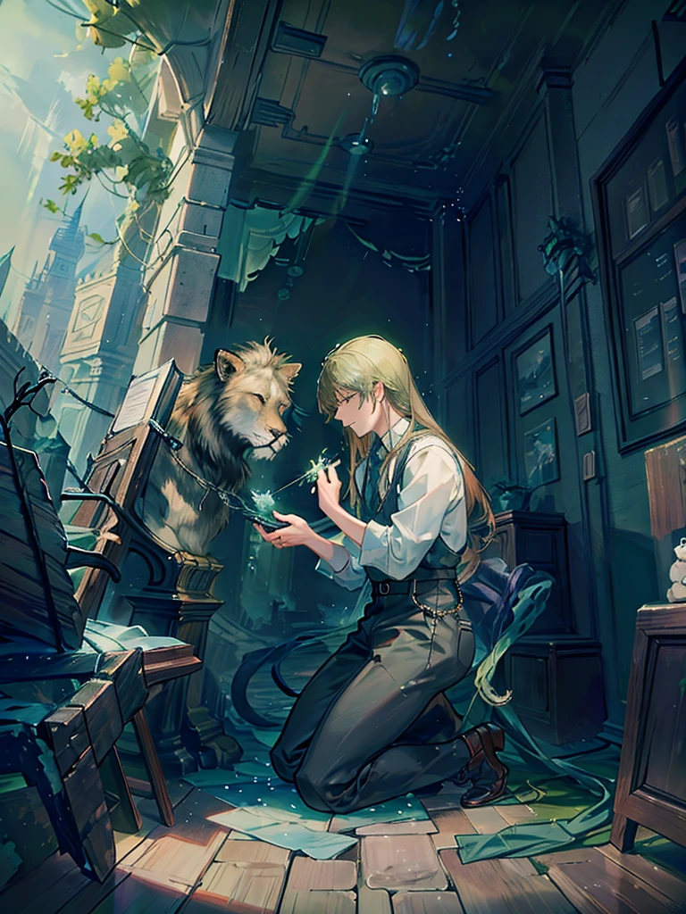 In a green field a man kneeled piously praying and a fierce lion surrounded him