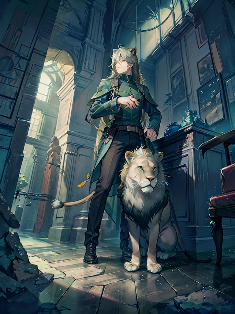 In a green field a man kneeled piously praying and a fierce lion surrounded him