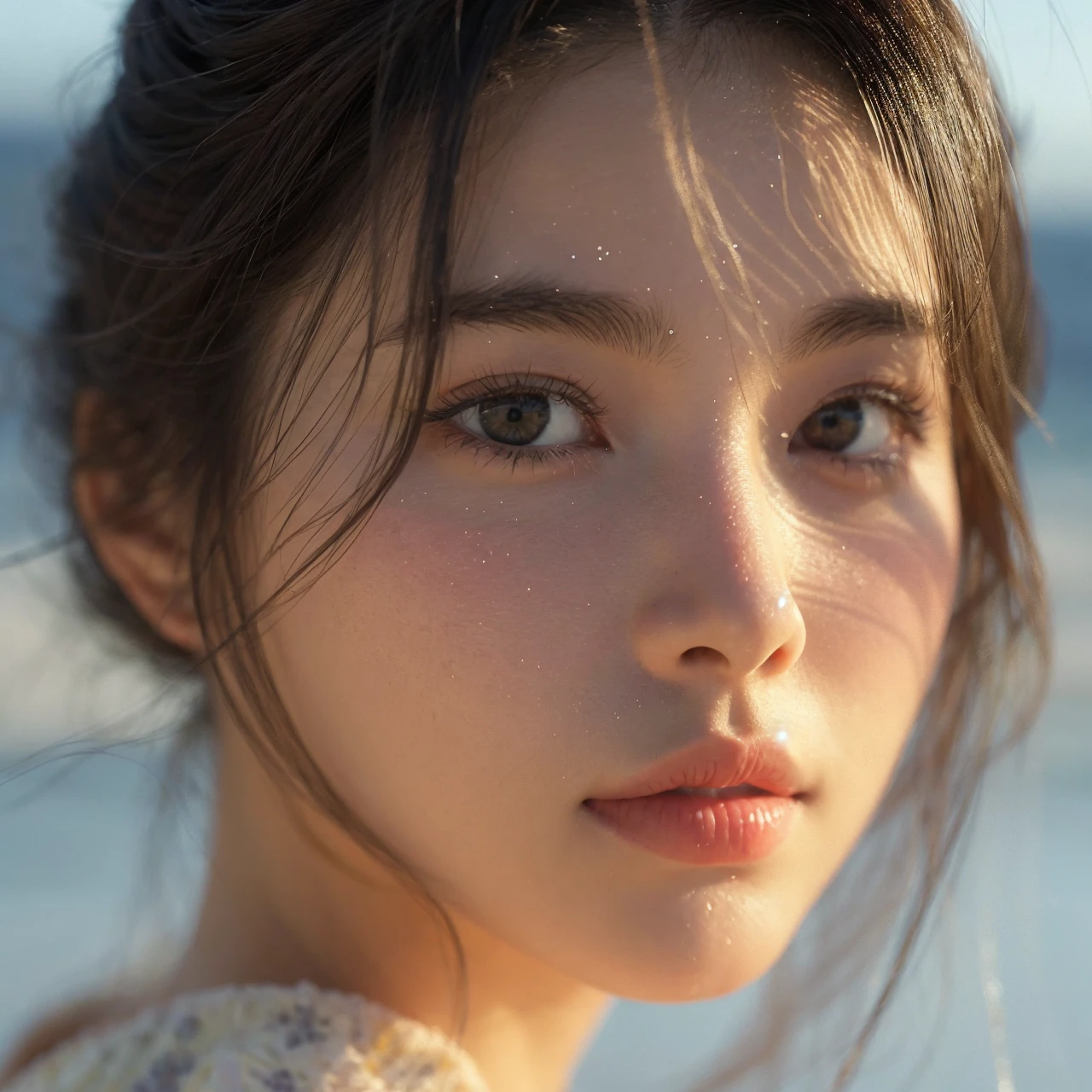 in the snowy forest, japanese girl, winter knit sweater, Yuki, pupils shine, brown short hair, big breasts, realistic portrait, depth of field, f/1.8, anatomically correct, rough skin, Super detailed, advanced details, high quality, Super detailed, advanced details, high quality, 最high quality, High resolution