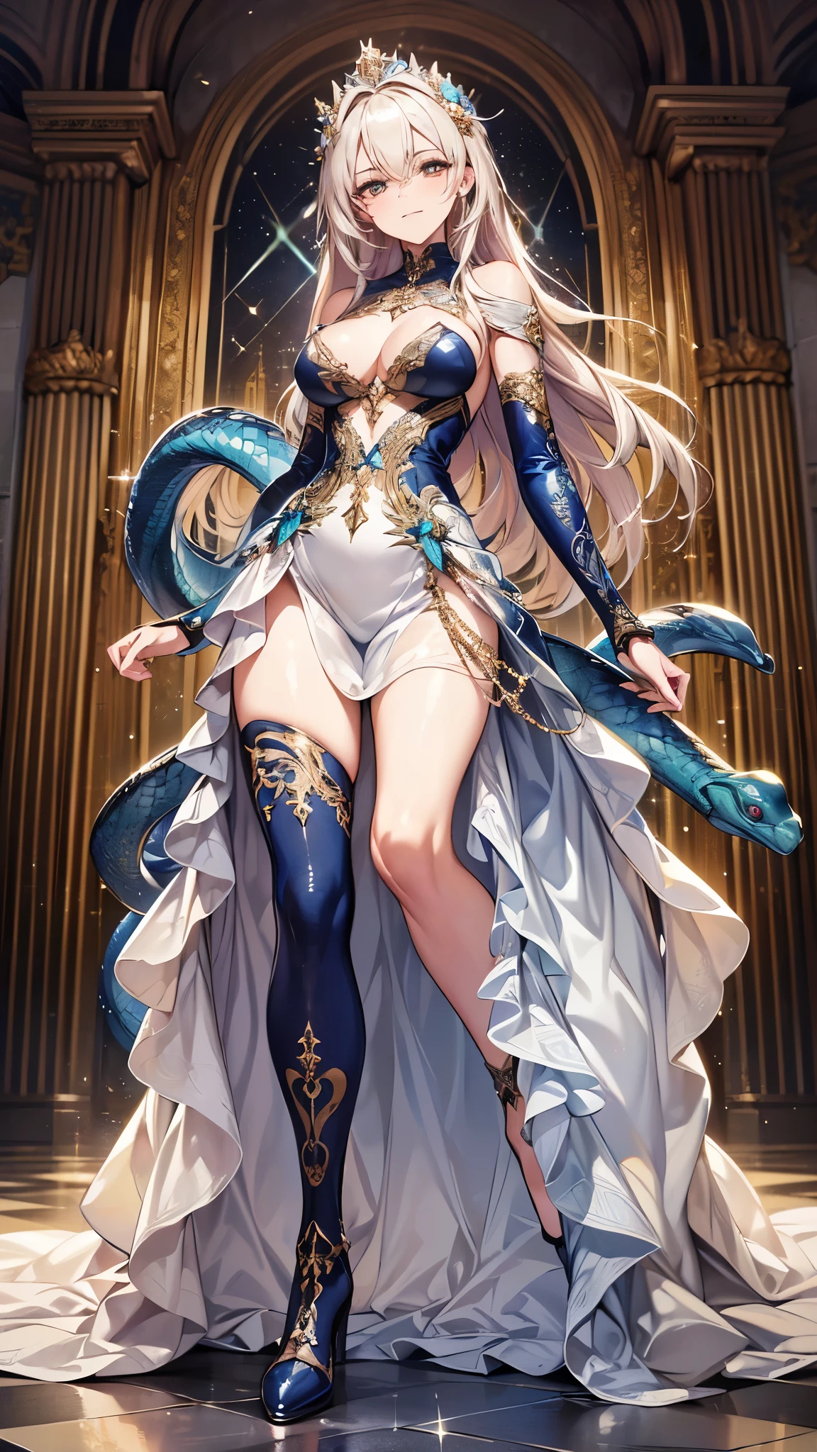 ((Highest quality)),(Ultra-high resolution),(Ultra-detailed new),(Detailed Description),((The best CG)),(masterpiece),Highly detailed art,A wonderful new art form,(Art with precise details:1.5), (One woman:1.4),(Beautiful and well-proportioned face:1.3),snake,sword:1.5,Dynamic Pose:1.4,(Gorgeous sparkling dress:1.6),(Boots with intricately detailed relief:1.3)