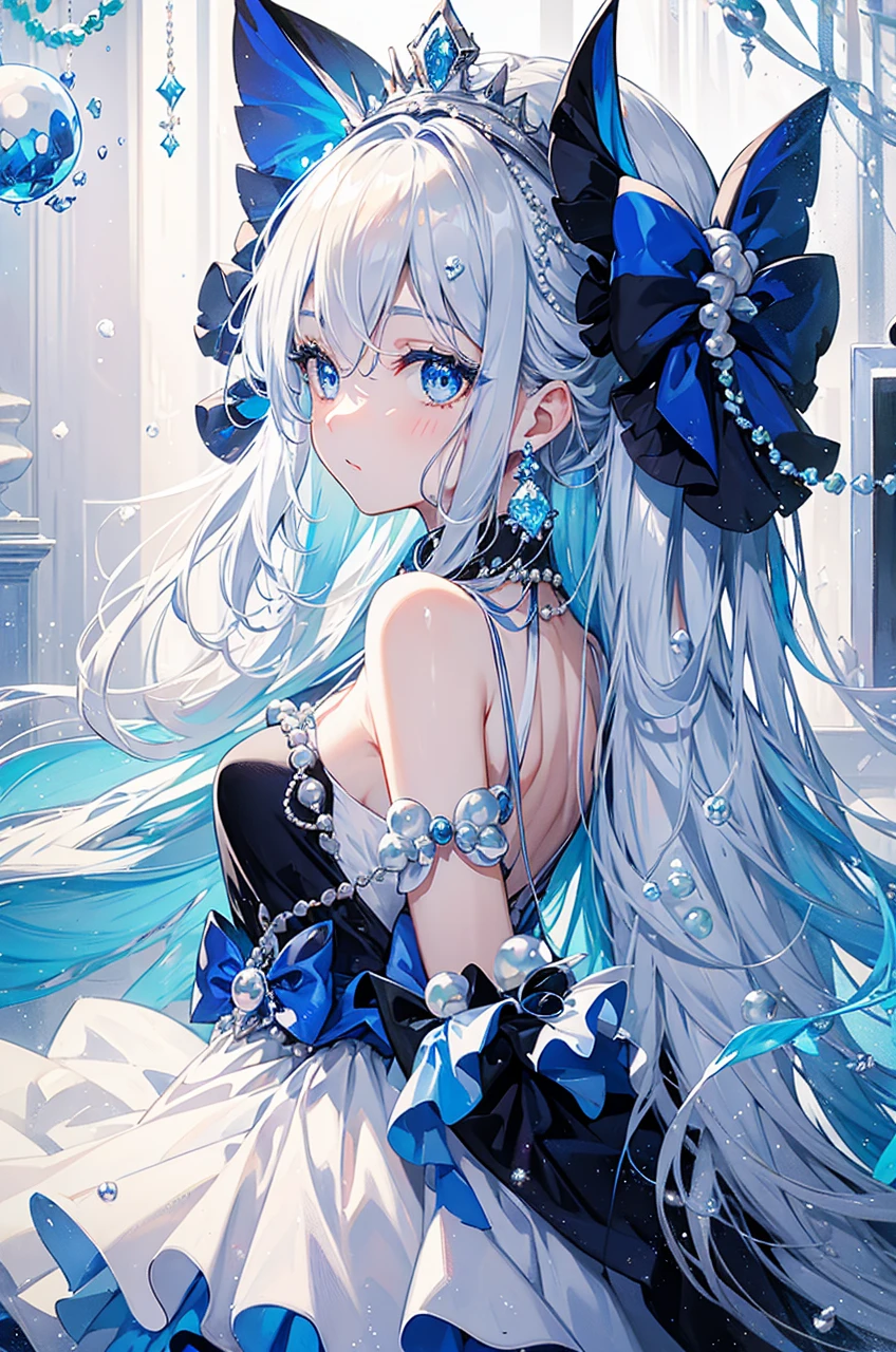 crown out of pearls, eyes royal blue very Detailed,
waistbow out of pearls, diamonds making everything
shine, shiny Silver long hair fading into and royal blue
color, Black dress with diamonds in the corner of the
dressPrincess, long shiny Silver hair fading into a royal
blue colour with pearls, two bows on the head one
having a moon in the middle having pearls at the
edges, a dark blue dress covered in pearls, a moon
on the torso piece, two dark blue Hand accessories
being with pearls, and soft expression, an crown
on the head with pearls and a moon in the middle,
pearls hanging from the clothing, one girl