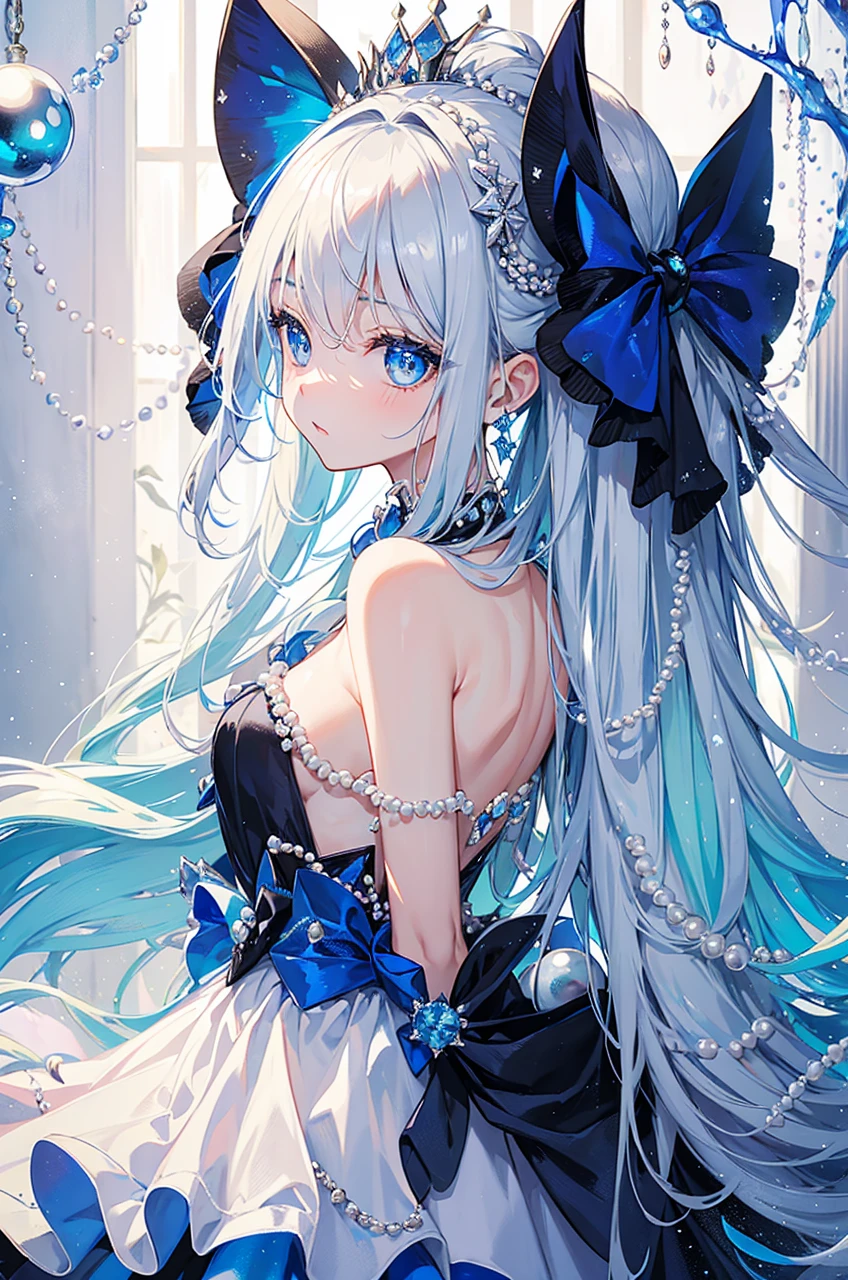 crown out of pearls, eyes royal blue very Detailed,
waistbow out of pearls, diamonds making everything
shine, shiny Silver long hair fading into and royal blue
color, Black dress with diamonds in the corner of the
dressPrincess, long shiny Silver hair fading into a royal
blue colour with pearls, two bows on the head one
having a moon in the middle having pearls at the
edges, a dark blue dress covered in pearls, a moon
on the torso piece, two dark blue Hand accessories
being with pearls, and soft expression, an crown
on the head with pearls and a moon in the middle,
pearls hanging from the clothing, one girl