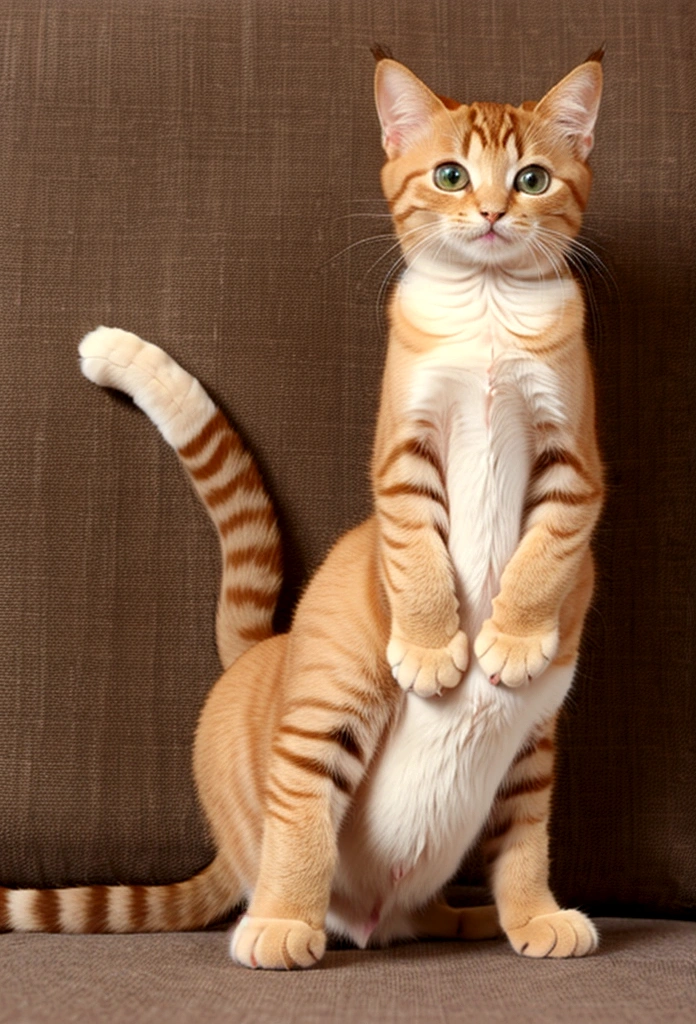 Cat standing on its hind legs、1 kitten、anime、Cute Cat、Brown Hair、Young cat、Wearing clothes、Anthropomorphic cat