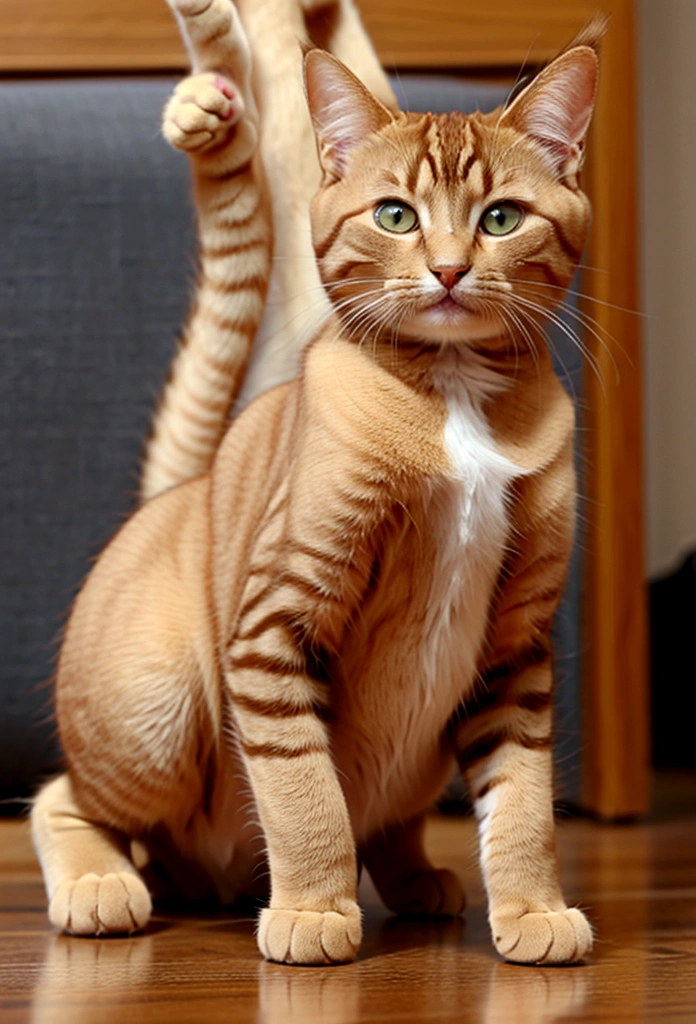 Cat standing on its hind legs、1 kitten、anime、Cute Cat、Brown Hair、Young cat、Wearing clothes、Anthropomorphic cat