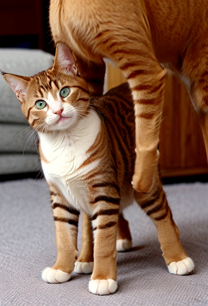 Cat standing on its hind legs、1 kitten、anime、Cute Cat、Brown Hair、Young cat、Wearing clothes、Anthropomorphic cat