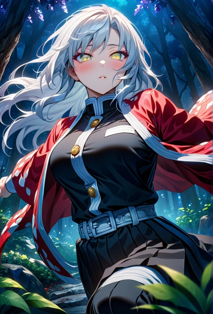 Ultra detailed, high resolution, absurd, HDR, masterpiece, anime girl and boy, beautiful woman (with long white hair with deep red streaks, woman (with yellow eyes), the woman (is wearing a red haori), in black demon slayer corps uniform, Kimetsu No Yaiba, fantasy, handsome, Tomioka Giyu, Hashira, Tomioka is serious, couple, night, forest, best quality, extremely detailed face, anime, the girl is really hurt, the girl is covered in blood , Tomioka is a strong man , Tomioka is trying to protect the pretty girl, girl with red streaks on the white long hair