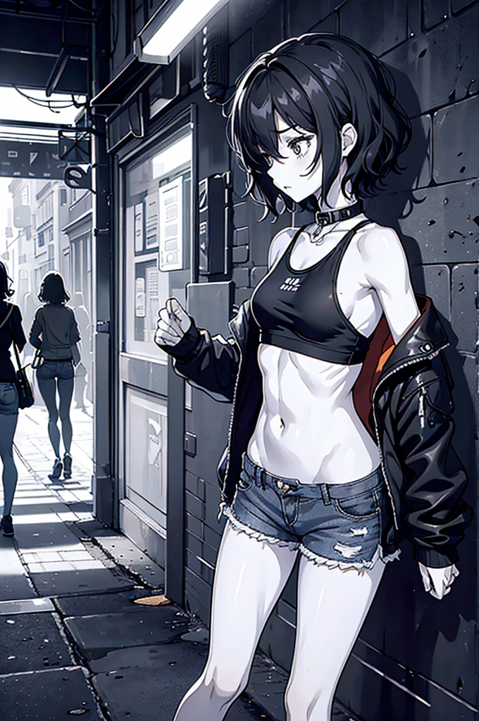 lineart, monochrome, ((medium breast, tomboy girls, small head)), (chiseled abs : 1.1), (perfect body : 1.1), (short wavy hair : 1.2) , black hair, collar, chain, full body shot, crowded street, wearing black tanktop, jeans jacket, ((shorts)), (extremely detailed CG 8k wallpaper), (an extremely delicate and beautiful), (masterpiece), (best quality:1.0), (ultra highres:1.0), beautiful, realistic shadows