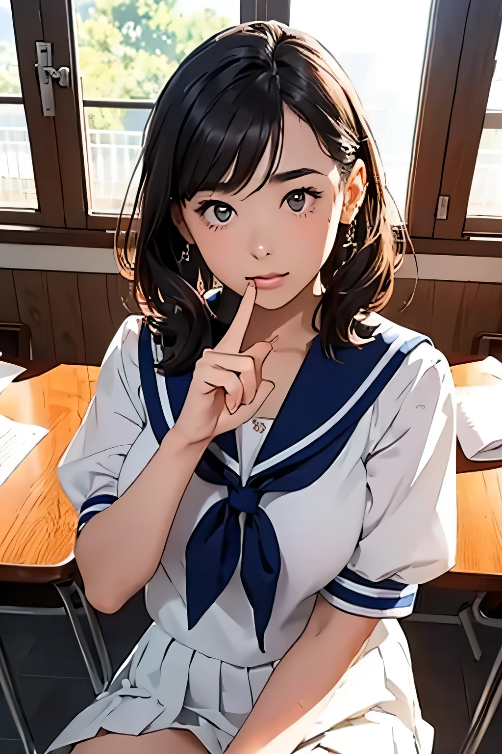 Highest quality、High resolution、Detailed Background、(Beautiful face in every detail:1.2)、Anatomically correct、(Detailed eyes:1.2)、Teenage beauty、(Highly detailed face)、(Huge breasts:1.2)、Cute hair colour、Bobcut、Braided Ponytail、Cute hairstyle、well-groomed eyebrows、Perfect body line、Short-sleeved white sailor suit、Pleated mini skirt、Hot midsummer day、Full window open、Summer Heat、Covered in sweat、Sweat makes clothes transparent、sitting in a classroom chair during class、(A beautiful girl fanning herself with a cute gesture:1.5)、
The strong sunlight streaming in through the window enveloped the classroom in a muggy atmosphere.、The students slowly fan themselves while wiping away sweat.、Thirsty students asking for water、Students sitting down to take a break、Sharing a cold drink