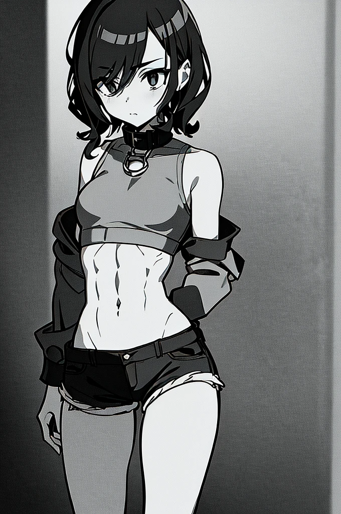 lineart, monochrome, ((medium breast, tomboy girls, small head)), (chiseled abs : 1.1), (perfect body : 1.1), (short wavy hair : 1.2) , black hair, collar, chain, full body shot, crowded street, wearing black tanktop, jeans jacket, ((shorts)), (extremely detailed CG 8k wallpaper), (an extremely delicate and beautiful), (masterpiece), (best quality:1.0), (ultra highres:1.0), beautiful, realistic shadows