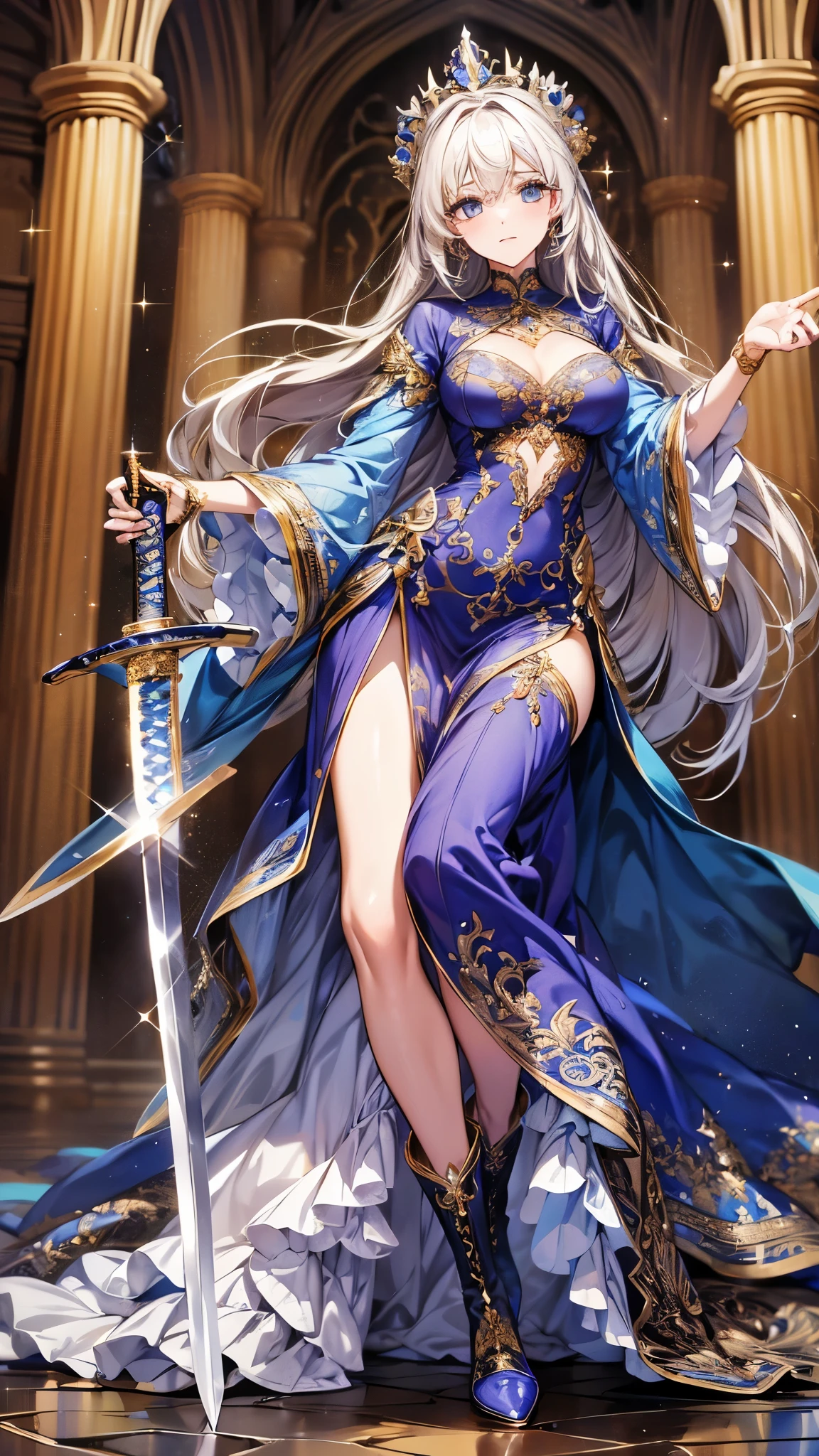 ((Highest quality)),(Ultra-high resolution),(Ultra-detailed new),(Detailed Description),((The best CG)),(masterpiece),Highly detailed art,A wonderful new art form,(Art with precise details:1.5), (One woman:1.4),(Beautiful and well-proportioned face:1.3),sword:1.5,Dynamic Pose:1.4,(Gorgeous sparkling dress:1.6),(Boots with intricately detailed relief:1.3)