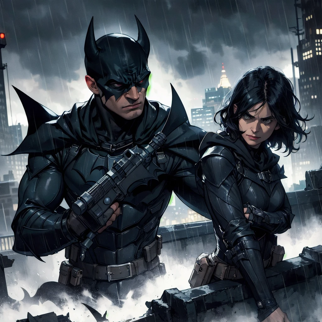 a dark knight, a brooding superhero, detective, bruce wayne, gotham city, grappling hook, batarang, utility belt, cowl, cape, armored suit, moody lighting, dramatic shadows, rainy night, cityscape, gargoyles, neon lights