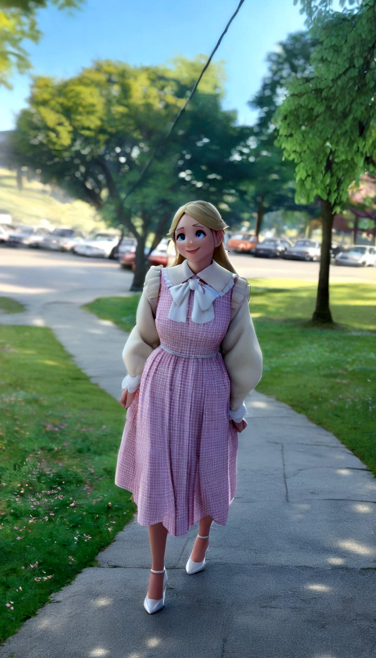  Pixar disney 3d movie cover, in the image a girl with blonde hair, wearing a pink dress with a white bow at the collar and high heels, the scene the girl is walking in a forest full of cherry trees and there is a castle in the background. The one is smiling. (Disney pixar 3d) (highest quallity)