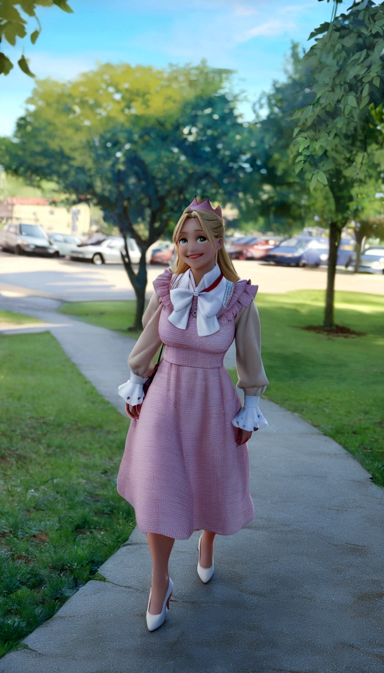  Pixar disney 3d movie cover, in the image a girl with blonde hair, wearing a pink dress with a white bow at the collar and high heels, the scene the girl is walking in a forest full of cherry trees and there is a castle in the background. The one is smiling. (Disney pixar 3d) (highest quallity)