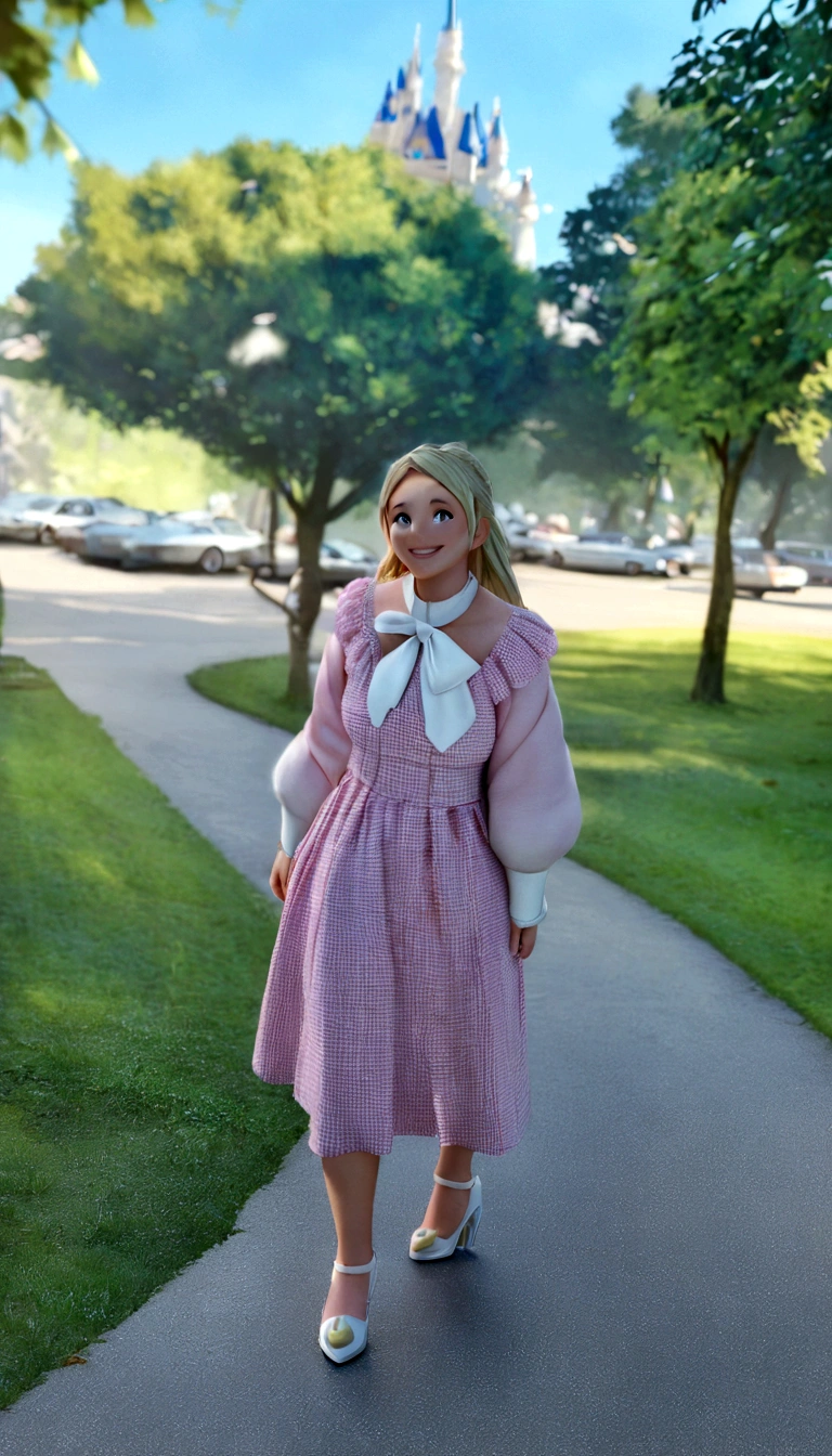 Pixar disney 3d movie cover, in the image a girl with blonde hair, wearing a pink dress with a white bow at the collar and high heels, the scene the girl is walking in a forest full of cherry trees and there is a castle in the background. The one is smiling. (Disney pixar 3d) (highest quallity)
