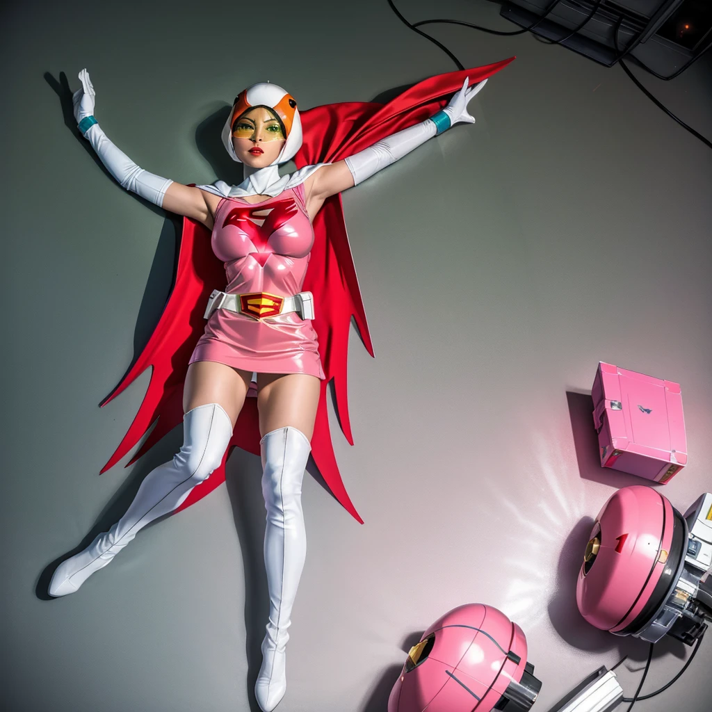 ANI_CLASSIC_jun_gatchaman_ownwaifu,1girl, , good anatomy, masterpiece, best quality, realistic, hyperrealistic, 16k hdr, breasts, green eyes, lips, large breasts, lipstick, makeup, gloves, cape, helmet, belt, elbow gloves, white gloves, mask, ultra miniskirt, leotard, spacesuit, white tight overknee highheels boots, pink dress, superhero,bodysuit,(lying flat poses, view from above),pantyhose