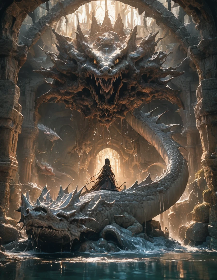 A giant rock-shaped dragon with a golden body, a huge golden mountain, and a roaring, shining magic circle