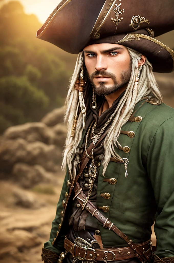 a young man, green eyes, long silver hair, pirate clothing, wide-brimmed hat with red feathers, (best quality,4k,8k,highres,masterpiece:1.2),ultra-detailed,(realistic,photorealistic,photo-realistic:1.37),detailed facial features, intricate pirate outfit, dramatic lighting, cinematic perspective, vibrant colors, fantasy, dramatic pose