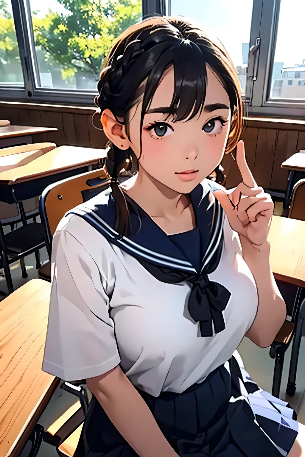 Highest quality、High resolution、Detailed Background、(Beautiful face in every detail:1.2)、Anatomically correct、(Detailed eyes:1.2)、Teenage beauty、(Highly detailed face)、(Huge breasts:1.2)、Cute hair colour、Bobcut、Braided Ponytail、Cute hairstyle、well-groomed eyebrows、Perfect body line、Short-sleeved white sailor suit、Pleated mini skirt、Hot midsummer day、Full window open、Summer Heat、Covered in sweat、Sweat makes clothes transparent、sitting in a classroom chair during class、(A beautiful girl fanning herself with a cute gesture:1.5)、
The strong sunlight streaming in through the window enveloped the classroom in a muggy atmosphere.、The students slowly fan themselves while wiping away sweat.、Thirsty students asking for water、Students sitting down to take a break、Sharing a cold drink
