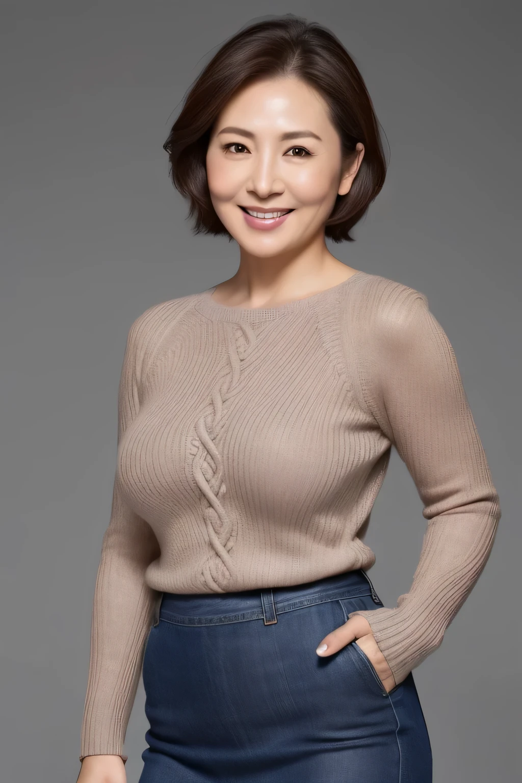 High resolution, high resolution, High detail, masterpiece, Rough skin, Anatomically correct, sharp, Gray background((Japanese Mature, Age 35)), alone, ((Facial wrinkles)), Shapely large breasts, Light brown short hair, Chubby body type (((Stand upright, Facing the center of the screen.))),Staring ahead with a bright smile, sweater, Ultra mini skirt, ((Cowboy Shot)),