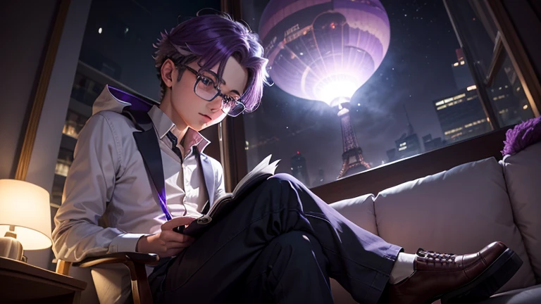 In the City of Paris, a boy with glasses, purple hair, reading a book, From Costa to the public, sitting in the armchair, facing glass walls, blurred from the intense cold, Dark night in the background with little fog, hot air balloon party, full moon with energy flow, the Eiffel Tower in the center of the moon, silver energy tides, Premonition, real scenario, I DON'T WANT HUMANS, There is a flow of energy, very real scenario, clear shades of purple and blue, ultra details.