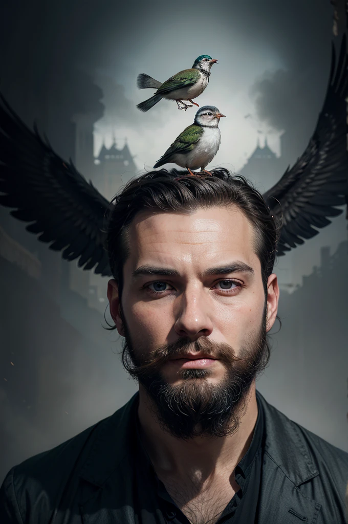 arafed man with a beard and a bird in his hair, double exposure effect, double exposure portrait, alessio albi, double - exposure, double-exposure, double exposure, double exposure photography, multiexposure, fractal beard, multiple exposure, surreal photo, bearded man, surreal portrait photography, style dan hillier, by Adam Marczyński