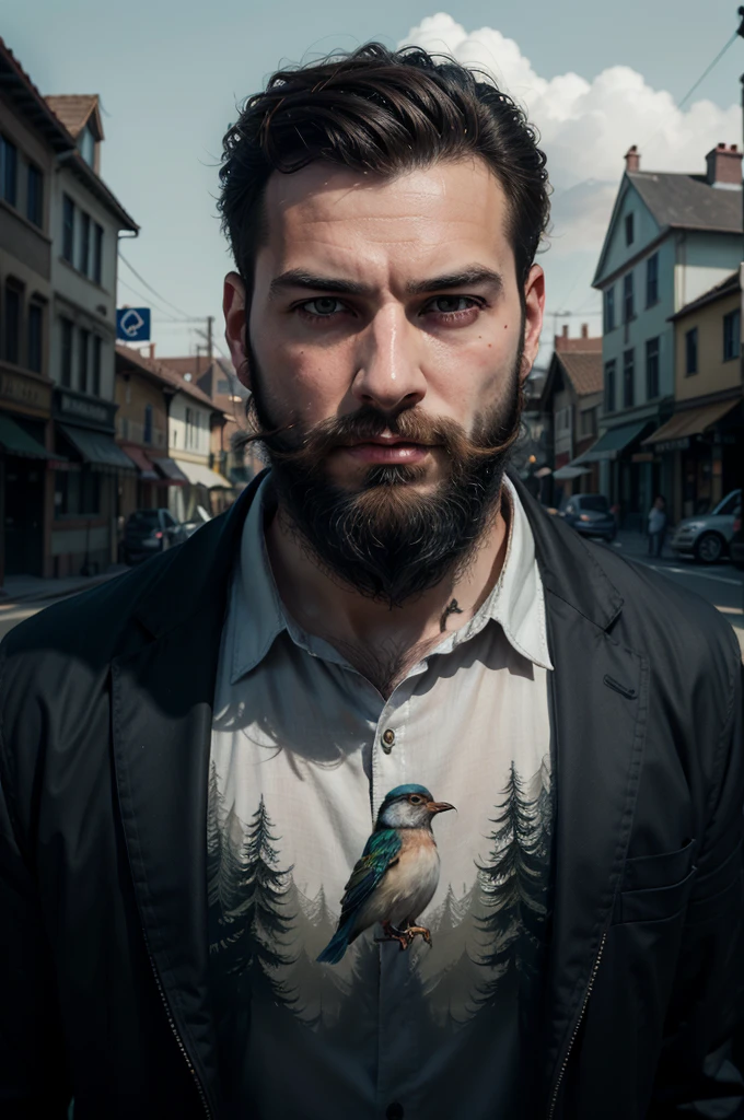 arafed man with a beard and a bird in his hair, double exposure effect, double exposure portrait, alessio albi, double - exposure, double-exposure, double exposure, double exposure photography, multiexposure, fractal beard, multiple exposure, surreal photo, bearded man, surreal portrait photography, style dan hillier, by Adam Marczyński