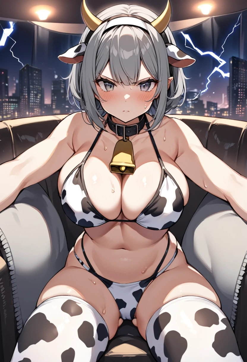 Woman, mommy type, curvy with big chest and butt, short gray hair, gray eyes, calm, serious, no blush, slight sweat, cowgirl, cow-colored bikini, cow-colored stockings on legs, hair band with cow ears and horns, cow bell on the neck, sitting on a round sofa, night club background, dusk lightning