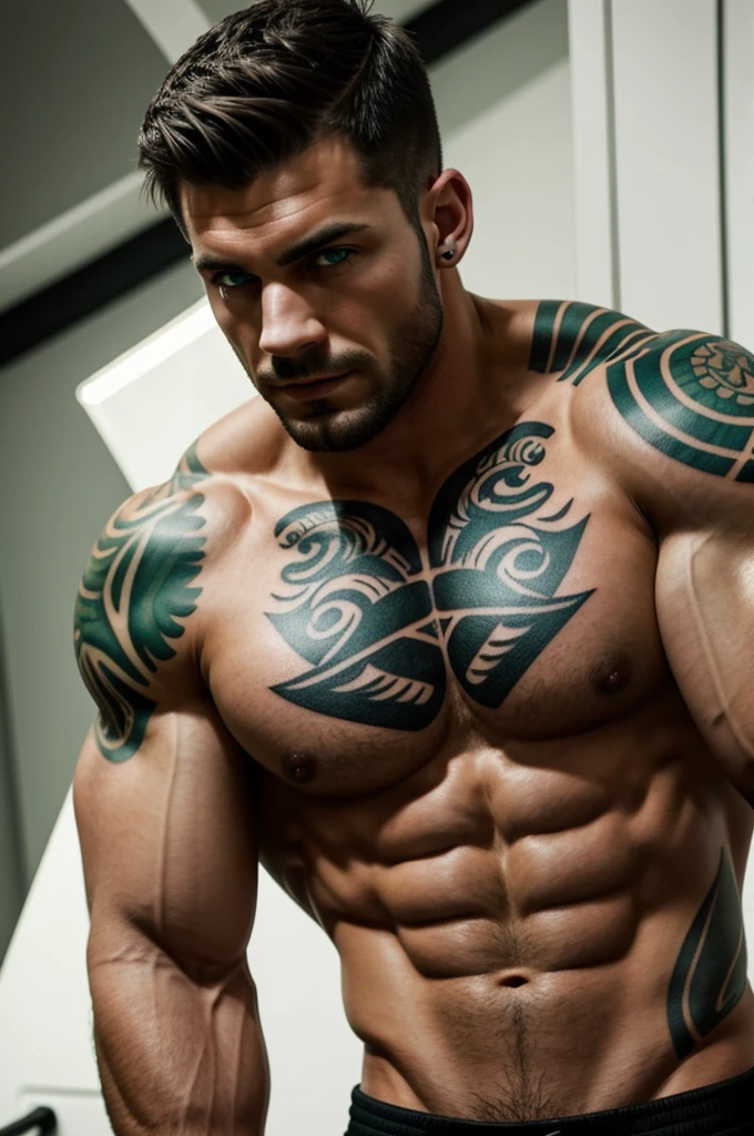 Very muscular man with green eyes, tattoos and dark short hair