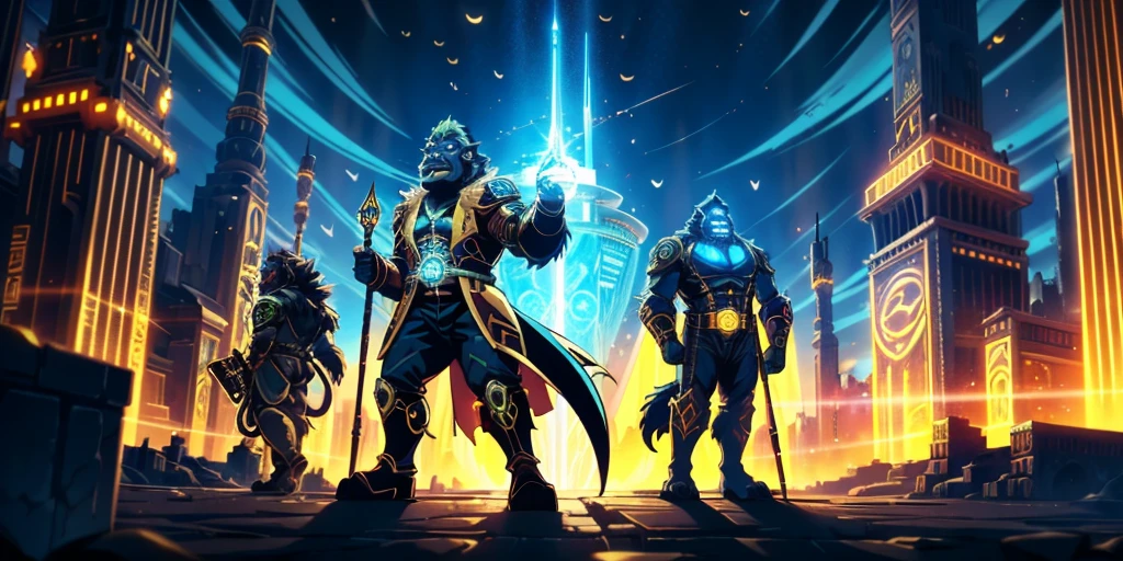 Ancient anime style, artbook, comicbook, RPG, futuristic medieval, steampunk. A magical secret agent man orc gorilla, wearing a modern and elegant thin suit with glowing magic circuits, dynamic gorilla pose, full body, green ork face with glowing magic tribal tattoos with warm tones, gorilla features, gorilla tail, fur of gorilla in orc ears, glowing eyes, using a technological magic long staff with glowing magic circuits. A metropolis of a kingdom of an ancient civilization with advanced technology, with tall buildings with neon details, mixing technology with magical vegetation, steampunk. Wide scenery, cinematic scene with several layers of depth, dynamics, magical lighting.