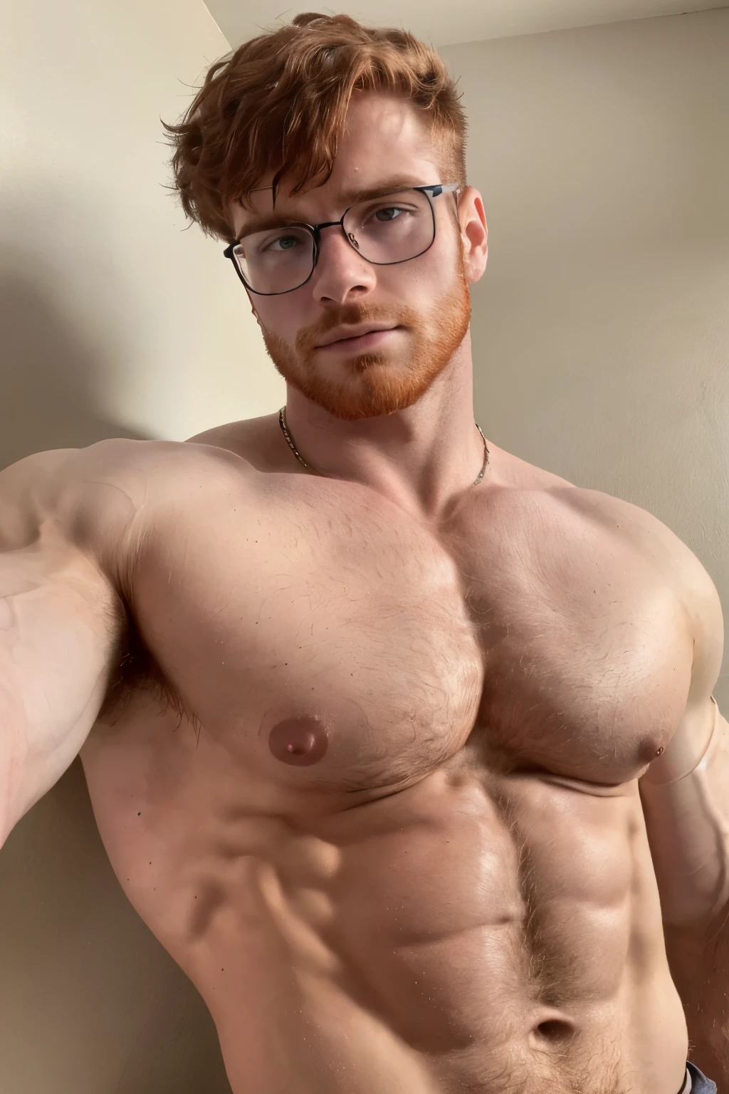 A portrait of a handsome redhead young man with short hair wearing glasses looking sternly at the camera, shirtless, (Best quality, 4k, Masterpiece :1.3), pink nipples, pale skin, lean, closeup, symmetrical eyes, facial hair, skinny, headshot, messy hair, hairy chest, bear chest