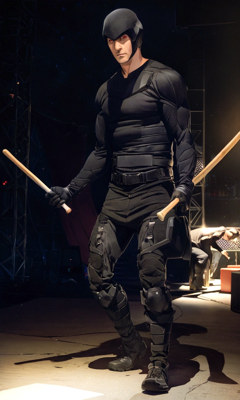 arafed man in black outfit holding two baseball bats in dark room, daredevil, snake eyes, vantablack gi, vantablack, photographed, february), promo still, performing on stage, 2 0 1 5, 2015, stealth suit, in black uniform, dressed in black body armour, tv show still, promo image, 2 0 1 4