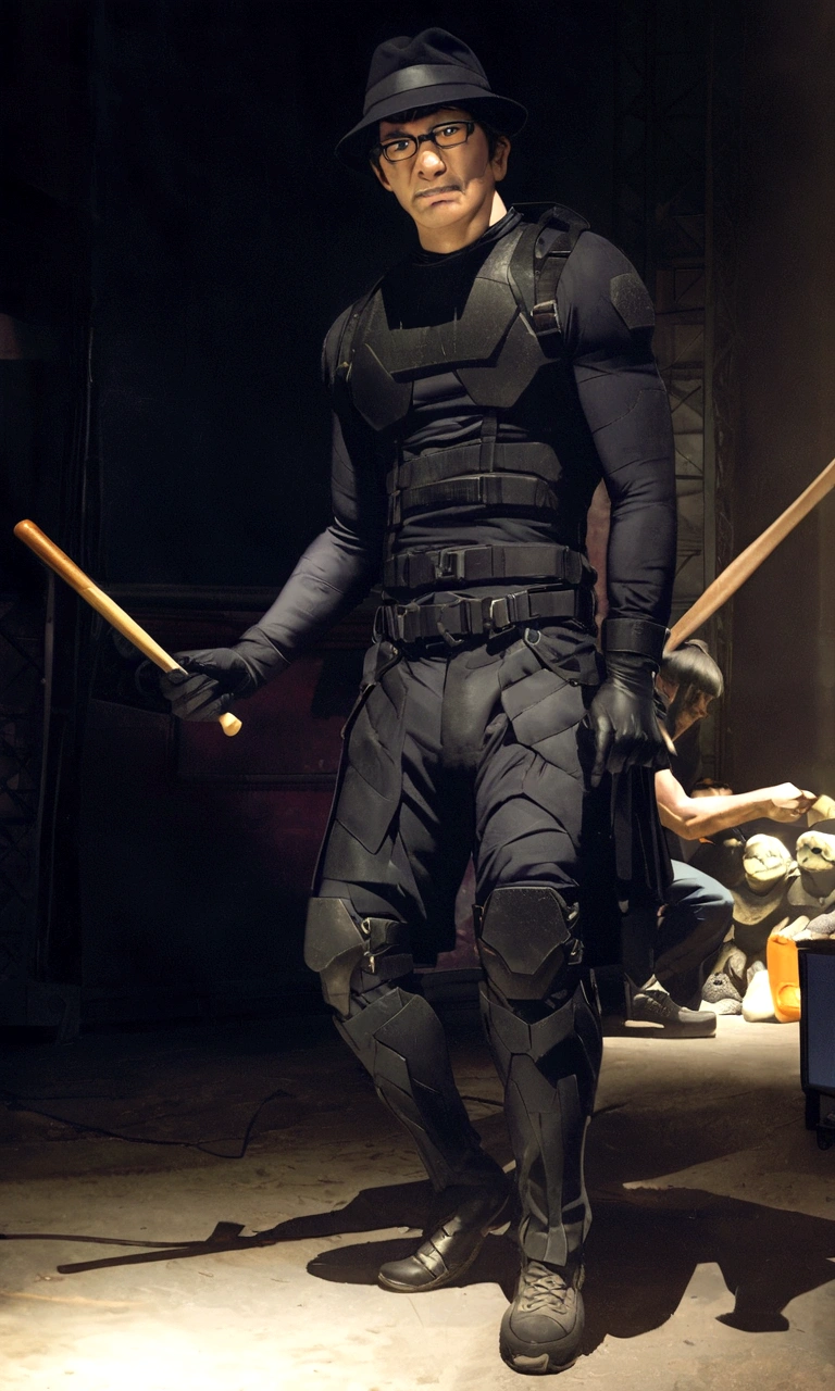 arafed man in black outfit holding two baseball bats in dark room, daredevil, snake eyes, vantablack gi, vantablack, photographed, february), promo still, performing on stage, 2 0 1 5, 2015, stealth suit, in black uniform, dressed in black body armour, tv show still, promo image, 2 0 1 4