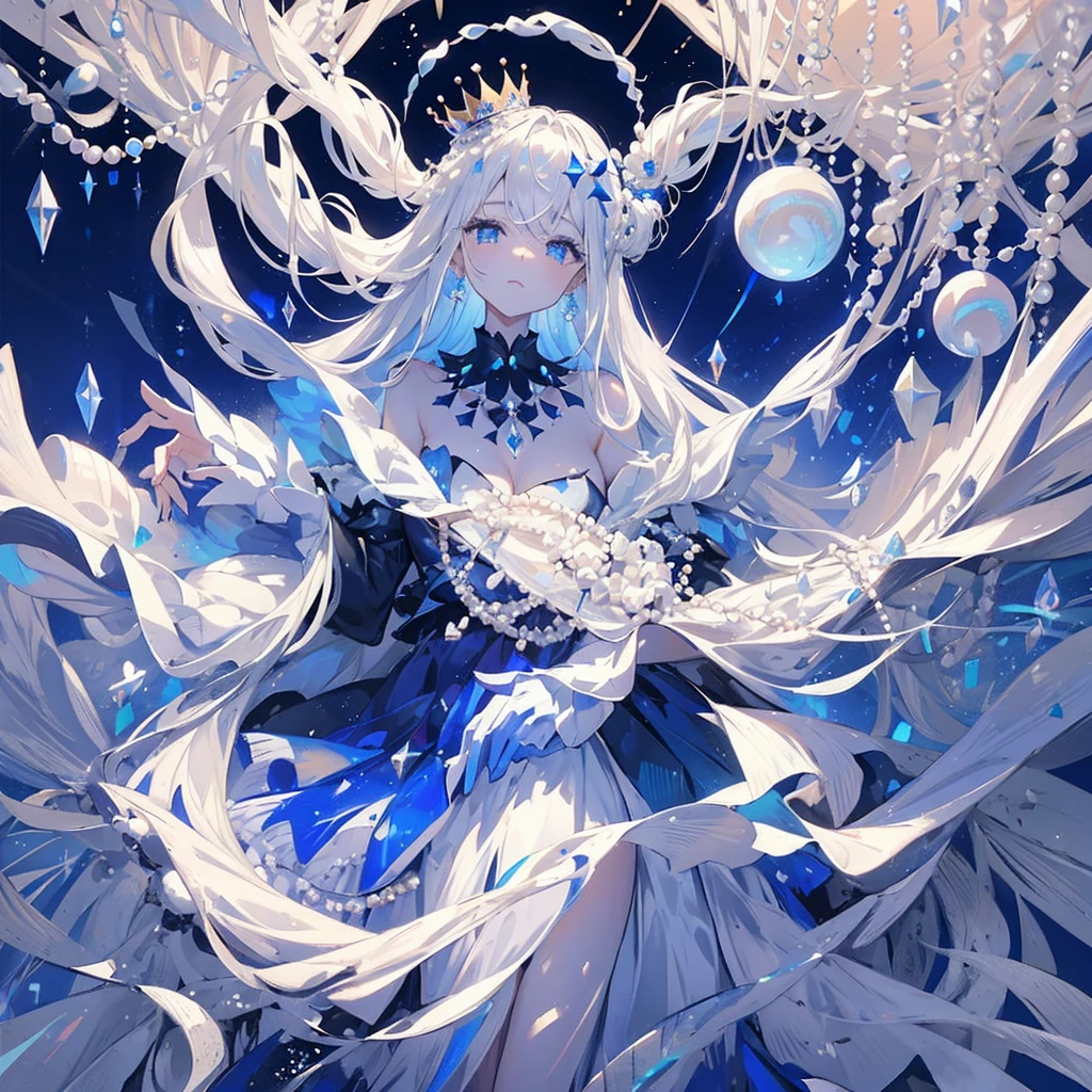 crown out of pearls, eyes royal blue very Detailed,
waistbow out of pearls, diamonds making everything
shine, shiny Silver long hair fading into and royal blue
color, Black dress with diamonds in the corner of the
dressPrincess, long shiny Silver hair fading into a royal
blue colour with pearls, two bows on the head one
having a moon in the middle having pearls at the
edges, a dark blue dress covered in pearls, a moon
on the torso piece, two dark blue Hand accessories
being with pearls, and soft expression, an crown
on the head with pearls and a moon in the middle,
pearls hanging from the clothing, one girl
