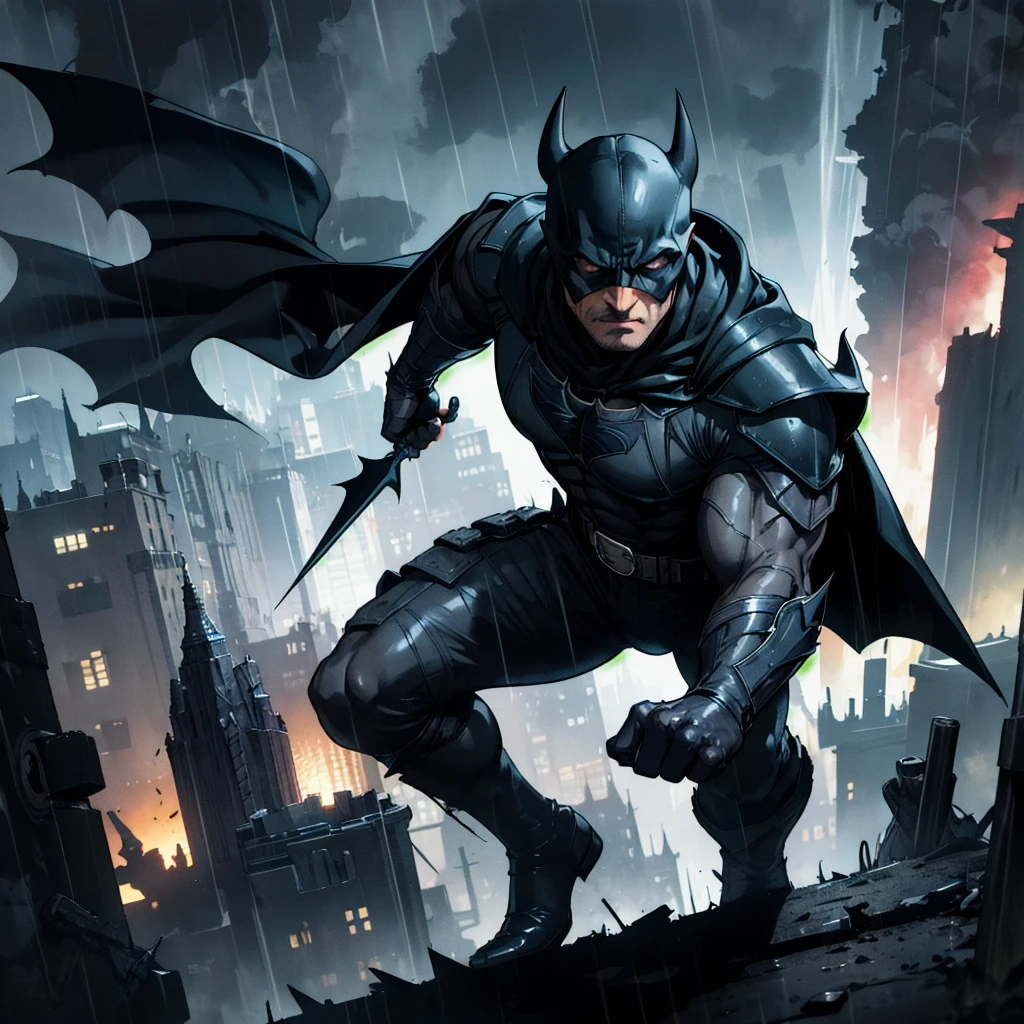 a dark knight, a brooding superhero, detective, bruce wayne, gotham city, grappling hook, batarang, utility belt, cowl, cape, armored suit, moody lighting, dramatic shadows, rainy night, cityscape, gargoyles, neon lights