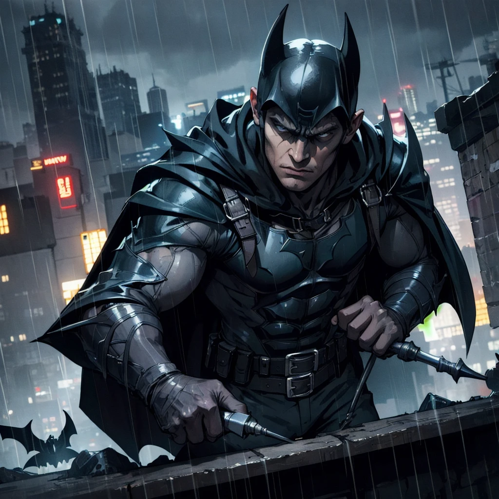 a dark knight, a brooding superhero, detective, bruce wayne, gotham city, grappling hook, batarang, utility belt, cowl, cape, armored suit, moody lighting, dramatic shadows, rainy night, cityscape, gargoyles, neon lights, (best quality,4k,8k,highres,masterpiece:1.2),ultra-detailed,(realistic,photorealistic,photo-realistic:1.37),dark and moody atmosphere, cinematic lighting, chiaroscuro, dramatic poses, detailed textures, weathered and gritty, neon signs, reflections in puddles, gargoyle statues, billowing cape, intense focus on character's eyes
