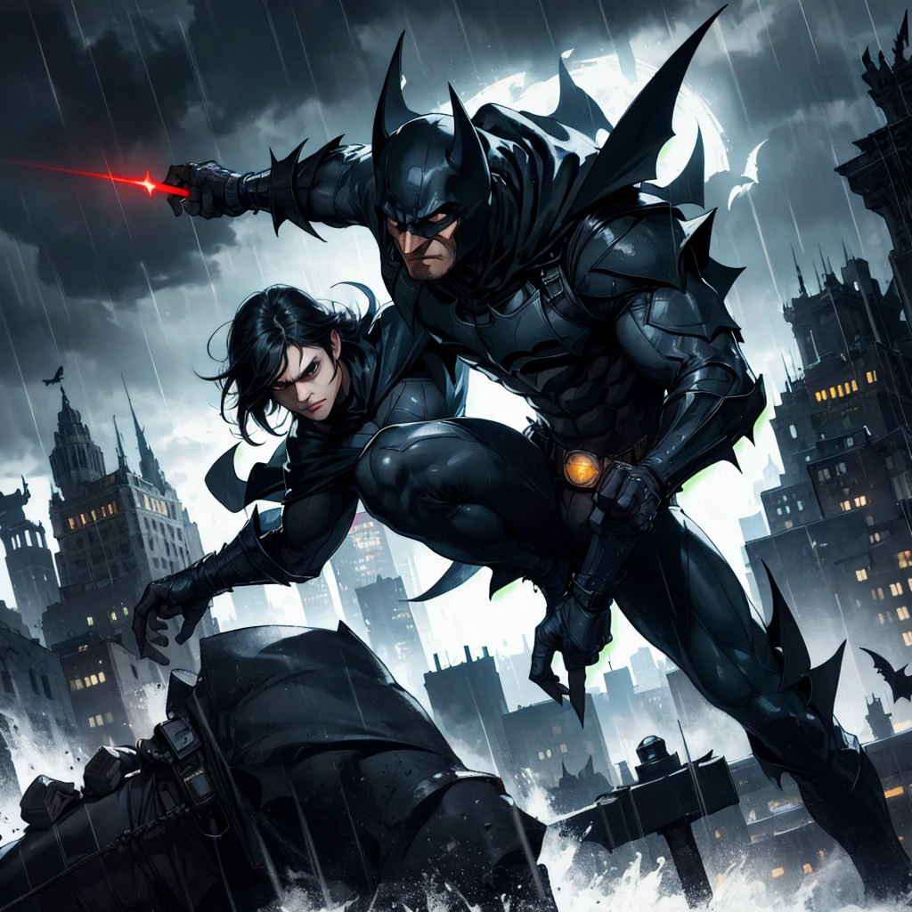 a dark knight, a brooding superhero, detective, bruce wayne, gotham city, grappling hook, batarang, utility belt, cowl, cape, armored suit, moody lighting, dramatic shadows, rainy night, cityscape, gargoyles, neon lights