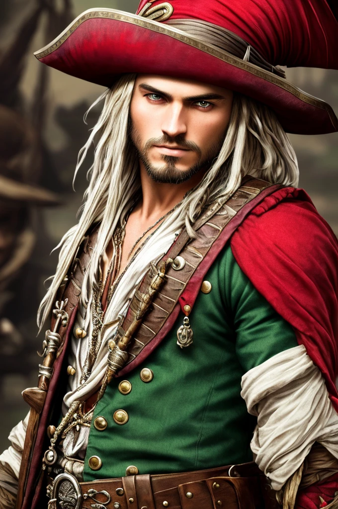 a young man, green eyes, long silver hair, pirate clothing, wide-brimmed hat with red feathers, (best quality,4k,8k,highres,masterpiece:1.2),ultra-detailed,(realistic,photorealistic,photo-realistic:1.37),detailed facial features, intricate pirate outfit, dramatic lighting, cinematic perspective, vibrant colors, fantasy, dramatic pose
