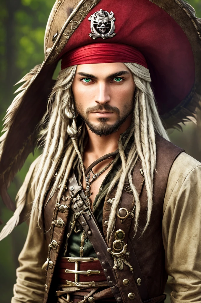a young man, green eyes, long silver hair, pirate clothing, wide-brimmed hat with red feathers, (best quality,4k,8k,highres,masterpiece:1.2),ultra-detailed,(realistic,photorealistic,photo-realistic:1.37),detailed facial features, intricate pirate outfit, dramatic lighting, cinematic perspective, vibrant colors, fantasy, dramatic pose