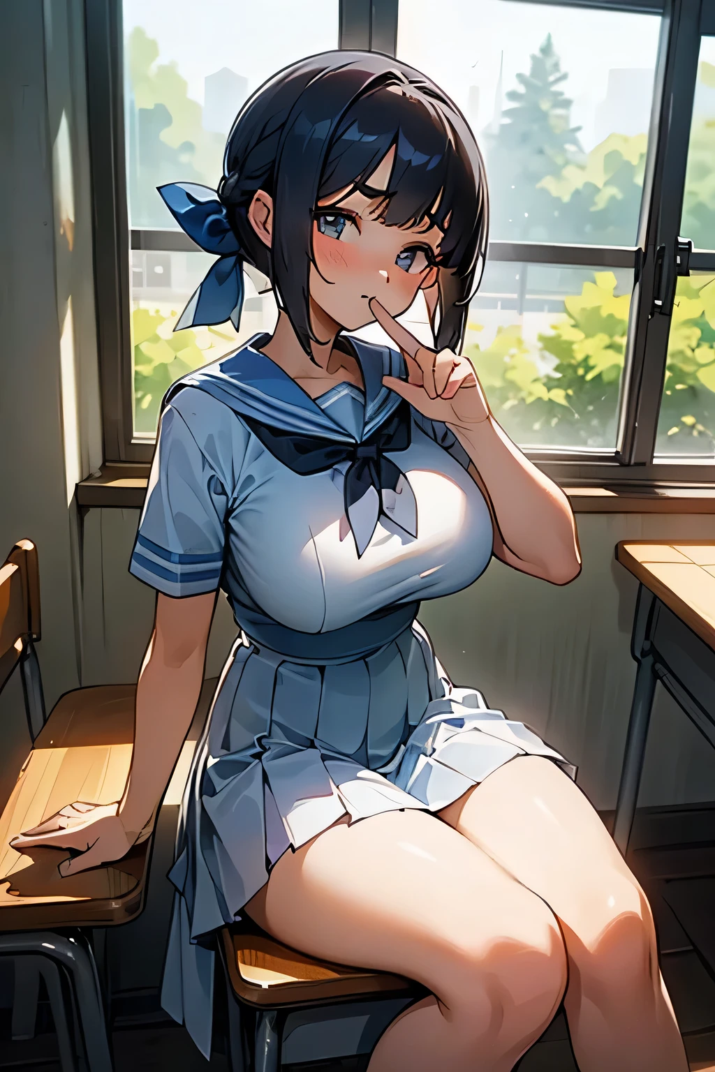 Highest quality、High resolution、Detailed Background、(Beautiful face in every detail:1.2)、Anatomically correct、(Detailed eyes:1.2)、Teenage beauty、(Huge breasts:1.2)、Cute hair colour、Bobcut、Braided Ponytail、Cute hairstyle、well-groomed eyebrows、Perfect body line、Short-sleeved white sailor suit、Pleated mini skirt、Hot midsummer day、Full window open、Summer Heat、Covered in sweat、Sweat makes clothes transparent、sitting in a classroom chair during class、(A beautiful girl fanning herself with a cute gesture:1.5)、
The strong sunlight streaming in through the window enveloped the classroom in a muggy atmosphere.、The students slowly fan themselves while wiping away sweat.、Thirsty students asking for water、Students sitting down to take a break、Sharing a cold drink