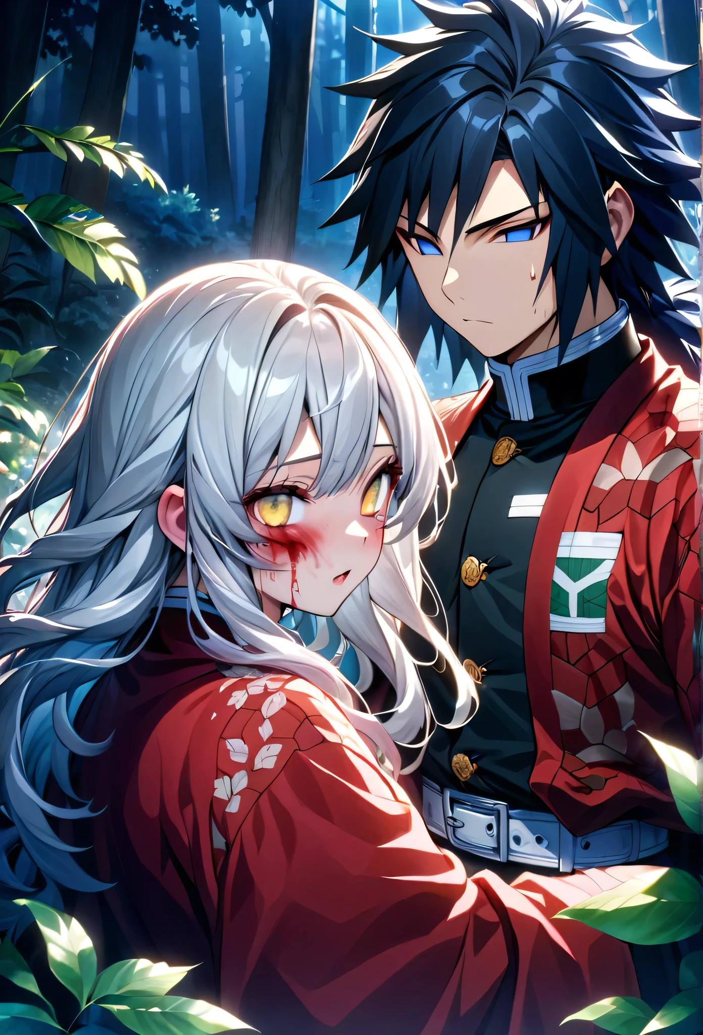Ultra detailed, high resolution, absurd, HDR, masterpiece, anime girl and boy, beautiful woman (with long white hair with deep red streaks, woman (with yellow eyes), the woman (is wearing a red haori), in black demon slayer corps uniform, Kimetsu No Yaiba, fantasy, handsome, Tomioka Giyu, Hashira, Tomioka is serious, couple, night, forest, best quality, extremely detailed face, anime, the girl is really hurt, the girl is covered in blood , Tomioka is a strong man , Tomioka is trying to protect the pretty girl, girl with red streaks on the white long hair