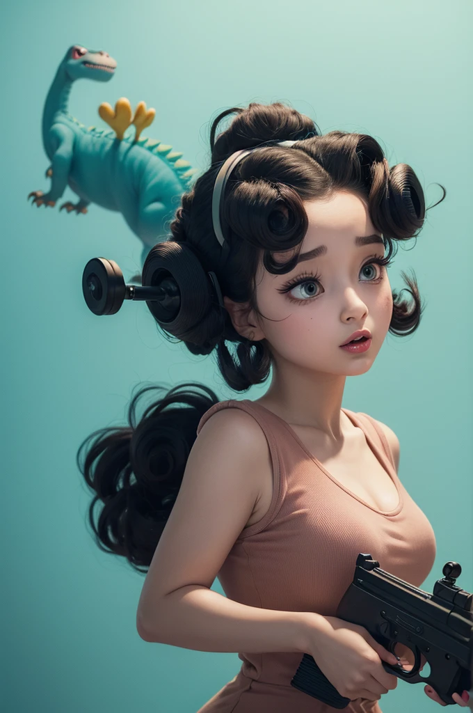 (animated cartoon)(Cartoon)(Dinosaur wearing curlers in her hair, looking ahead scared with a gun aimed at her head)